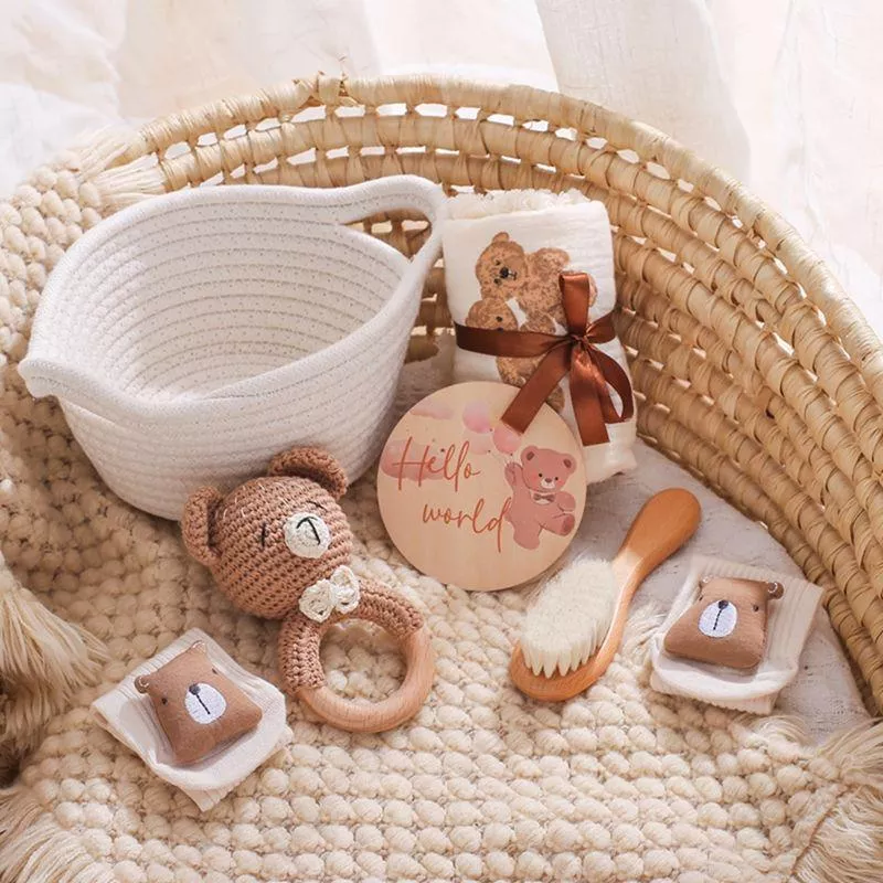 Baby Cartoon Bear Rattle & Milestone Set - Newborn Blanket, Towel, and Bracelet Gift