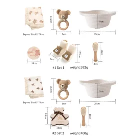 Baby Cartoon Bear Rattle & Milestone Set - Newborn Blanket, Towel, and Bracelet Gift