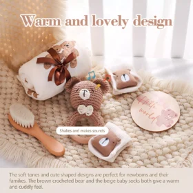 Baby Cartoon Bear Rattle & Milestone Set - Newborn Blanket, Towel, and Bracelet Gift