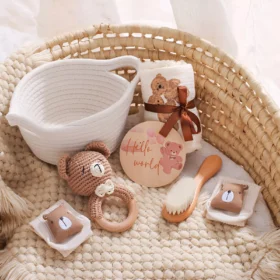 Baby Cartoon Bear Rattle & Milestone Set - Newborn Blanket, Towel, and Bracelet Gift