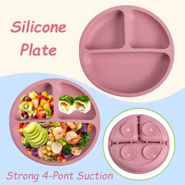 100508-716582.webp 3-Piece Silicone Baby Feeding Set with Suction Bowl, Divided Plate, Spoon, Fork, and Bib