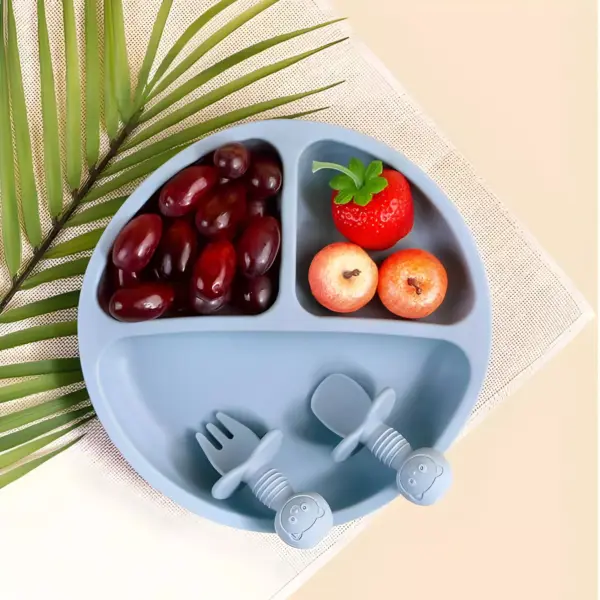 100508-7855b2.webp 3-Piece Silicone Baby Feeding Set with Suction Bowl, Divided Plate, Spoon, Fork, and Bib