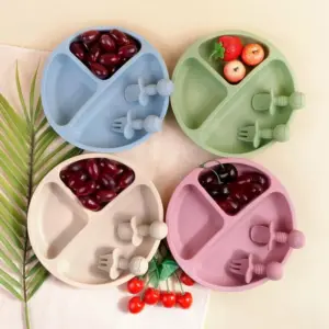 100508-ab97ac.webp 3-Piece Silicone Baby Feeding Set with Suction Bowl, Divided Plate, Spoon, Fork, and Bib