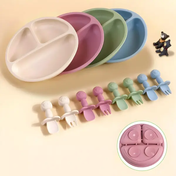 100508-c64874.webp 3-Piece Silicone Baby Feeding Set with Suction Bowl, Divided Plate, Spoon, Fork, and Bib