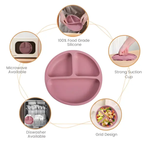 100508-dcf042.webp 3-Piece Silicone Baby Feeding Set with Suction Bowl, Divided Plate, Spoon, Fork, and Bib