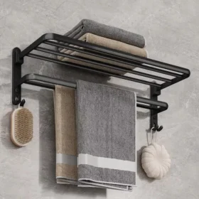 102717-6bb05b.webp Matte Black 50CM Folding Wall-Mount Aluminum Towel Rack with Hook