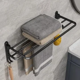 102717-73facd.webp Matte Black 50CM Folding Wall-Mount Aluminum Towel Rack with Hook