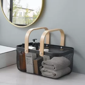 102810-2d9bbc.webp Multi-Purpose Iron Mesh Storage Basket with Wooden Handle