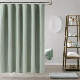 103191-2fbe53.webp Luxury Waterproof Linen-Texture Shower Curtain with Silver Hooks