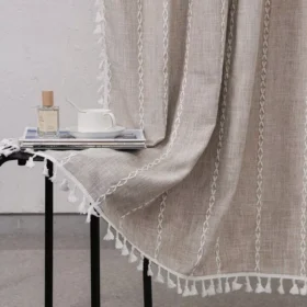 103192-e76902.webp Luxurious Boho-Chic Striped Linen Cotton Shower Curtain with Tassels and Hooks