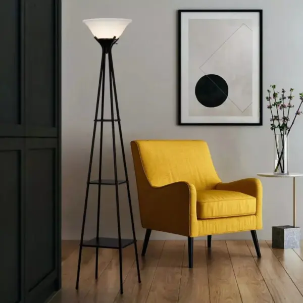 69" Charcoal Metal Floor Lamp with Built-In Shelves for Home Decor