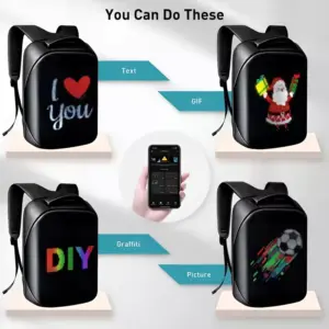 Programmable LED backpack illuminated display screen controlled via smartphone app