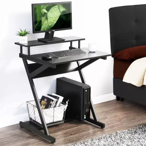 Compact Modern Z-Shaped Computer Desk with Monitor Shelf for Small Spaces