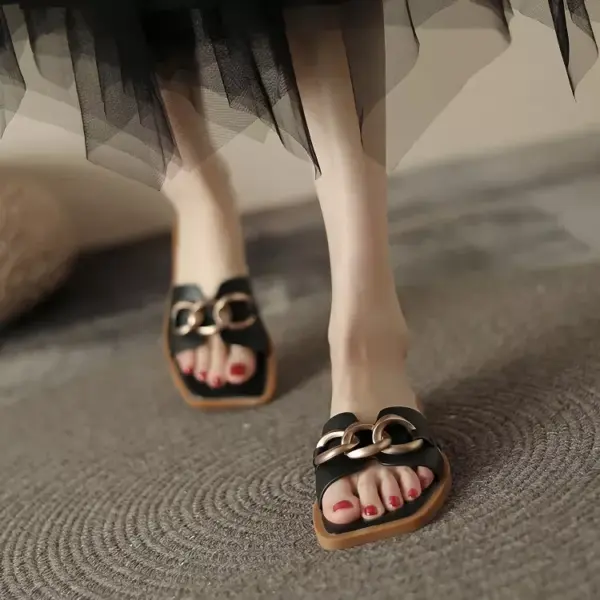 Summer Square Toe Leather Slippers