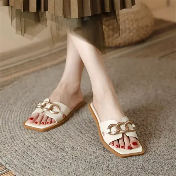 Summer Square Toe Leather Slippers