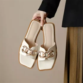 Summer Square Toe Leather Slippers