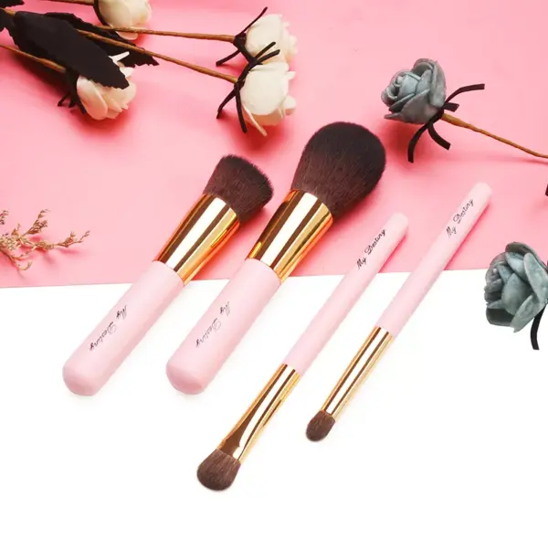 4Pcs Portable Mini Pink Makeup Brushes Set with Bag for Travel