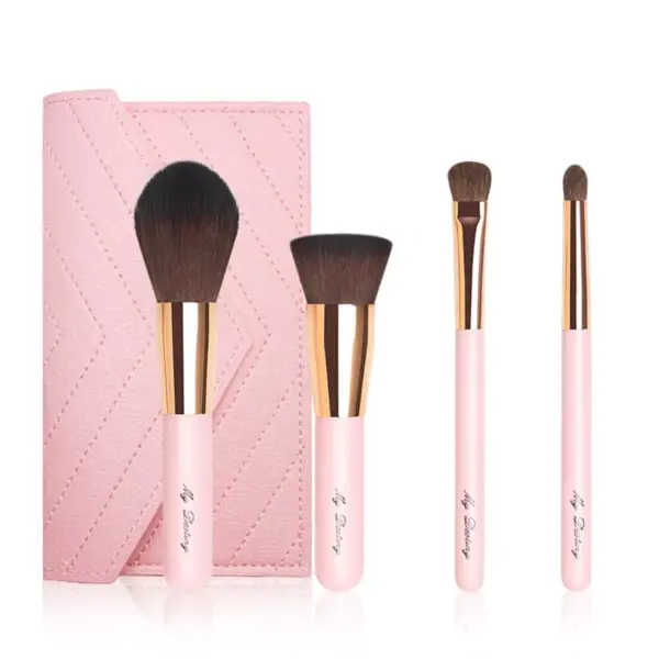 4Pcs Portable Mini Pink Makeup Brushes Set with Bag for Travel