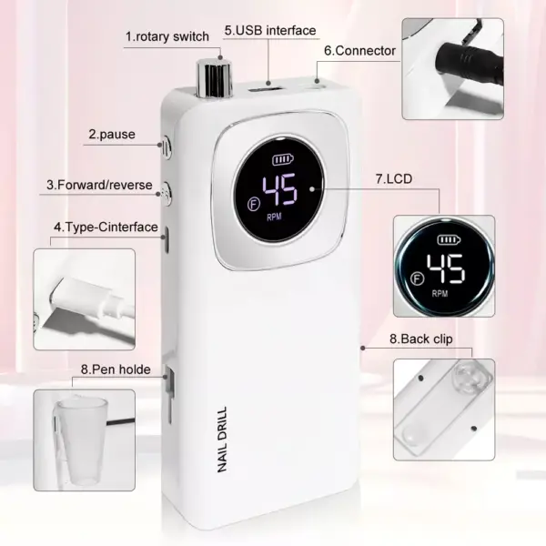 Professional High-Speed Rechargeable Nail Drill Machine with LCD Screen
