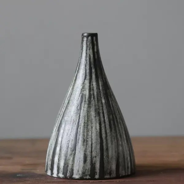 Striped Ceramic Vase - Japanese Style, Handcrafted Tabletop Flower Vase, Simple Decor