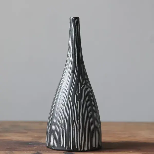 Striped Ceramic Vase - Japanese Style, Handcrafted Tabletop Flower Vase, Simple Decor