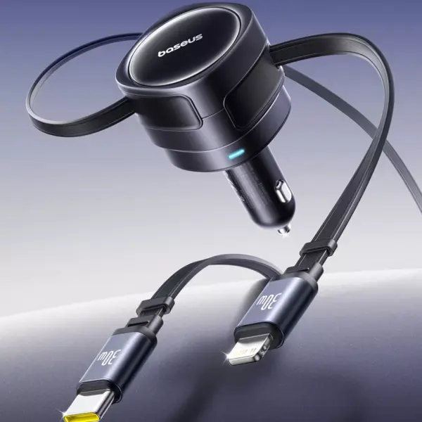 90W Dual USB Car Charger with Retractable Cable for iPhone and Tablets