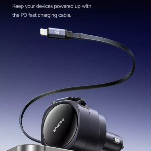 90W Dual USB Car Charger with Retractable Cable for iPhone and Tablets