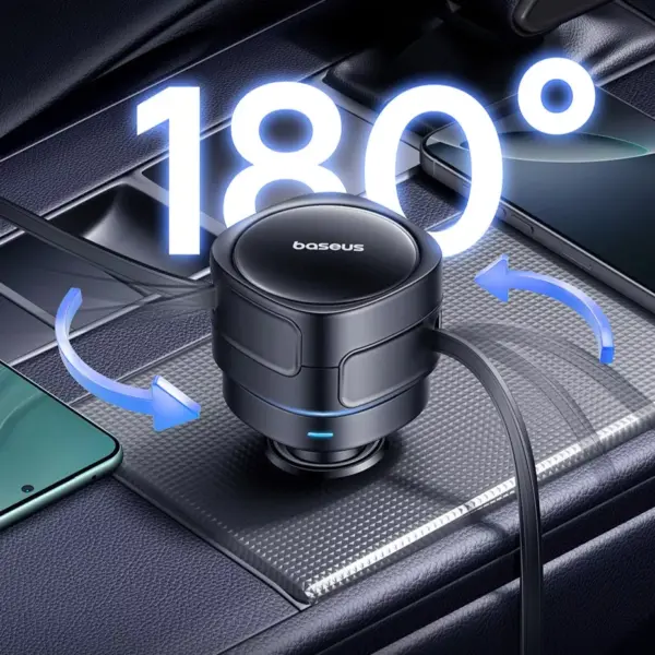 90W Dual USB Car Charger with Retractable Cable for iPhone and Tablets