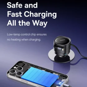90W Dual USB Car Charger with Retractable Cable for iPhone and Tablets