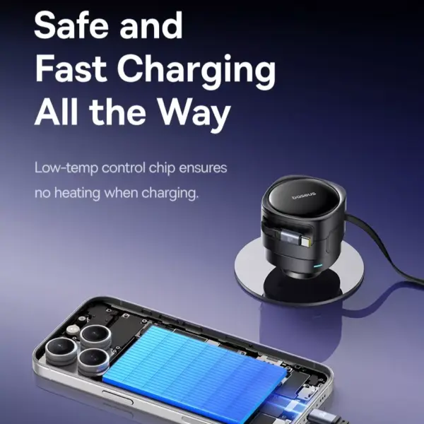 90W Dual USB Car Charger with Retractable Cable for iPhone and Tablets