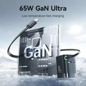 65W GaN Charger with Retractable USB-C Cable for iPhone, iPad, and Laptops