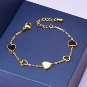 Heart Charm Stainless Steel Bracelet with Natural Seashell Embeds for Women