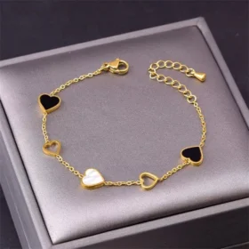 Heart Charm Stainless Steel Bracelet with Natural Seashell Embeds for Women