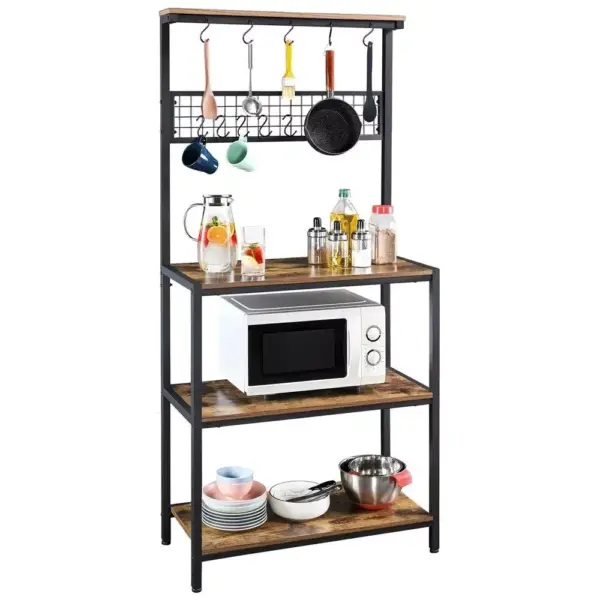 106407-30a6f0.webp 67" Rustic Brown Wooden Kitchen Bakers Rack with Storage Shelves & Hooks