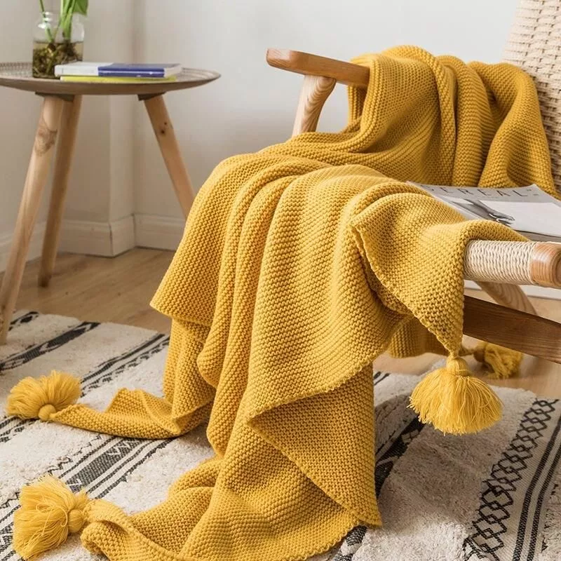 107120-834a24.webp Mustard Yellow Luxury Knit Throw Blanket with PomPom Tassels