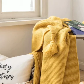 Mustard Yellow Luxury Knit Throw Blanket with PomPom Tassels