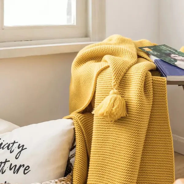 Mustard Yellow Luxury Knit Throw Blanket with PomPom Tassels