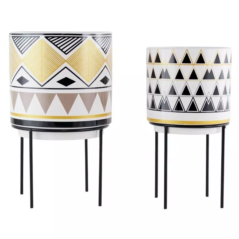 Mid-Century Modern Round Ceramic Planters with Metal Stand