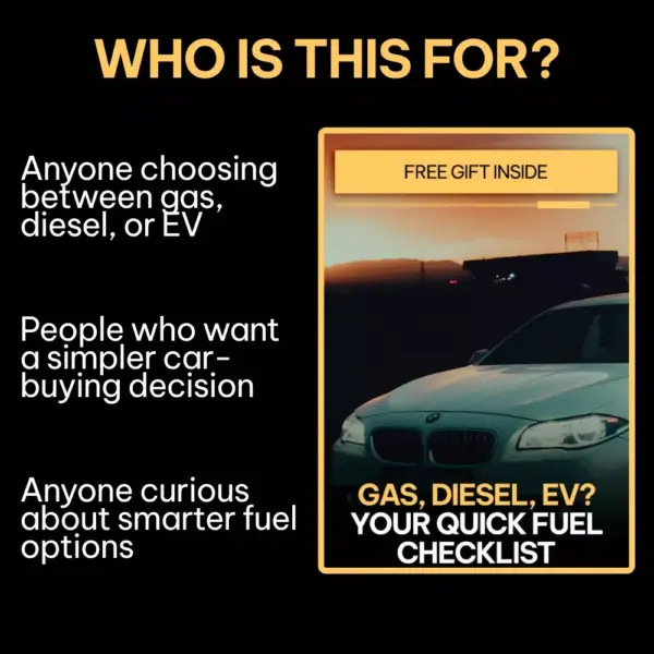 Gas, Diesel, EV? Your Quick Fuel Checklist | Car Fuel Comparison Guide, Gasoline Diesel Hybrid EV Decision Tool, Digital Download for Smart Vehicle Buyers