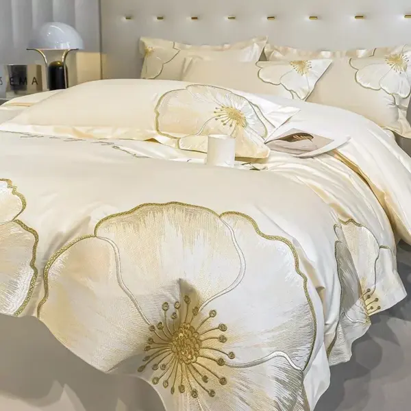 Luxury Egyptian Cotton Bedding Set with Floral Embroidery and Soft Duvet Cover