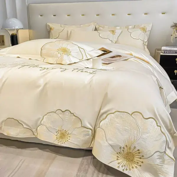 Luxury Egyptian Cotton Bedding Set with Floral Embroidery and Soft Duvet Cover